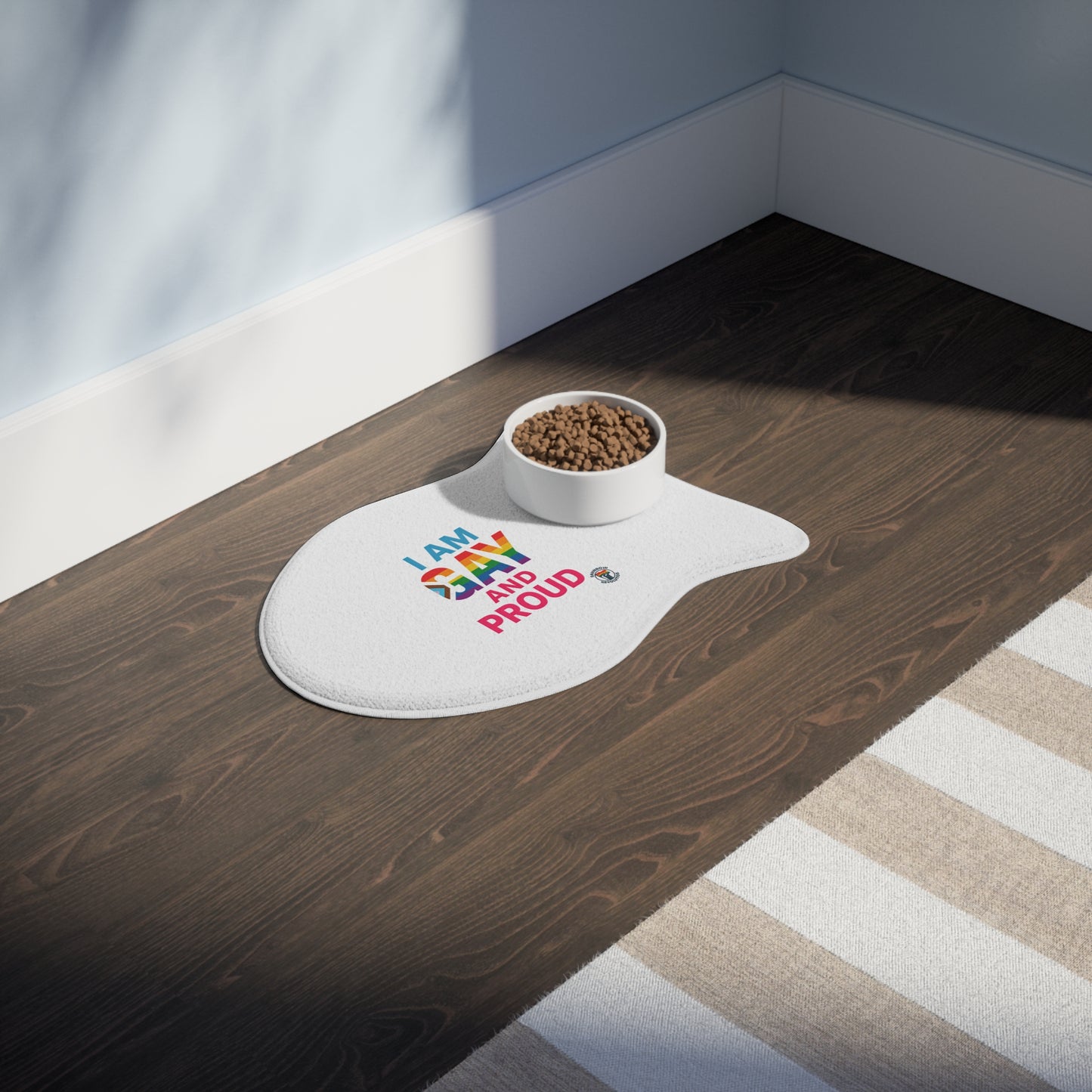 Pride Pet Feeding Mat - I Am Gay and Proud, Rainbow Design, Dog Bowl Mat, Pet Accessory, LGBTQ+ Dog Mat, Pride Month Gift
