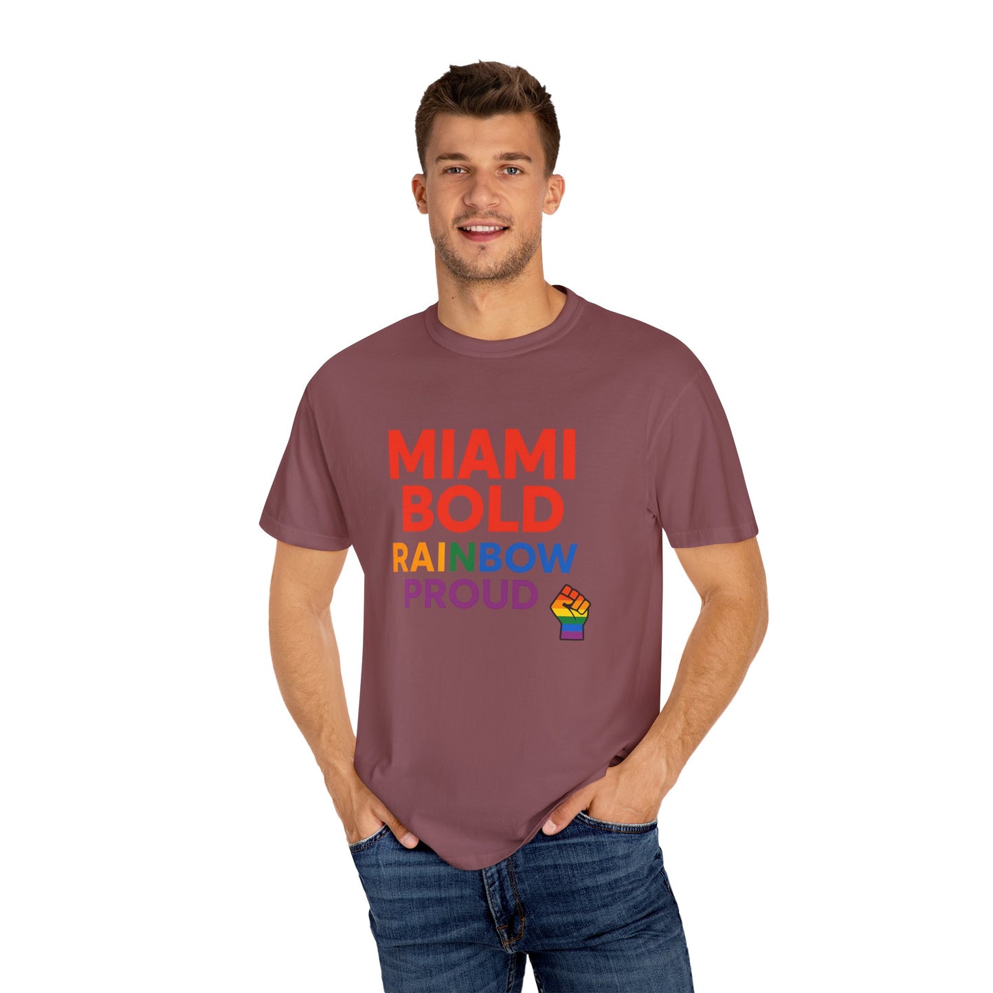 Proud LGBTQ+ Celebration T-Shirt, Miami Bold Rainbow Graphic Tee, Pride Gift, Equality Shirt, Unisex Casual Wear, Summer Apparel