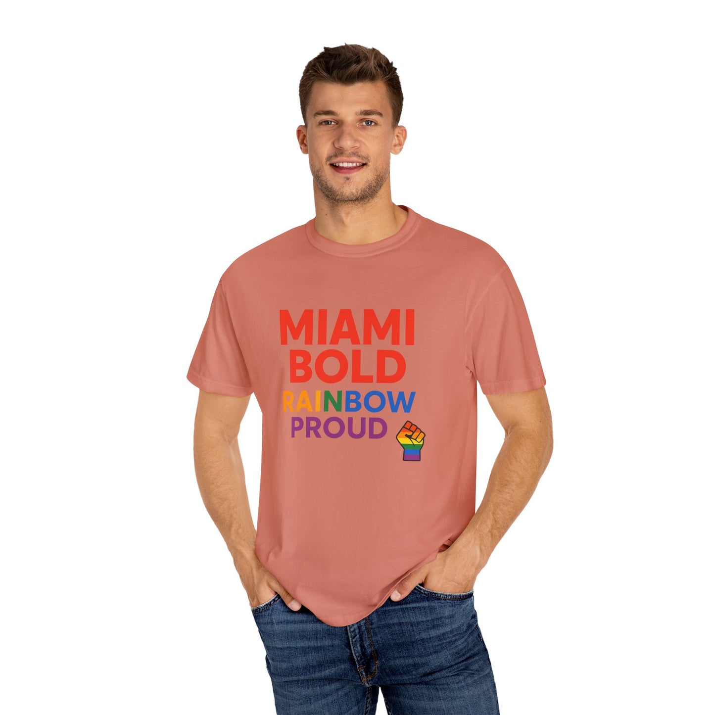 Proud LGBTQ+ Celebration T-Shirt, Miami Bold Rainbow Graphic Tee, Pride Gift, Equality Shirt, Unisex Casual Wear, Summer Apparel