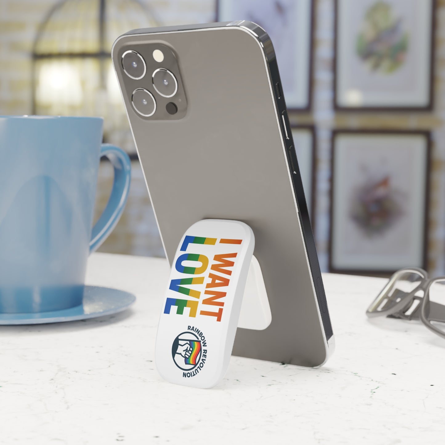 Rainbow Pride Phone Grip - I Want Love, Pop Socket, Cell Phone Accessory, LGBTQ+ Gift, Love Supporter