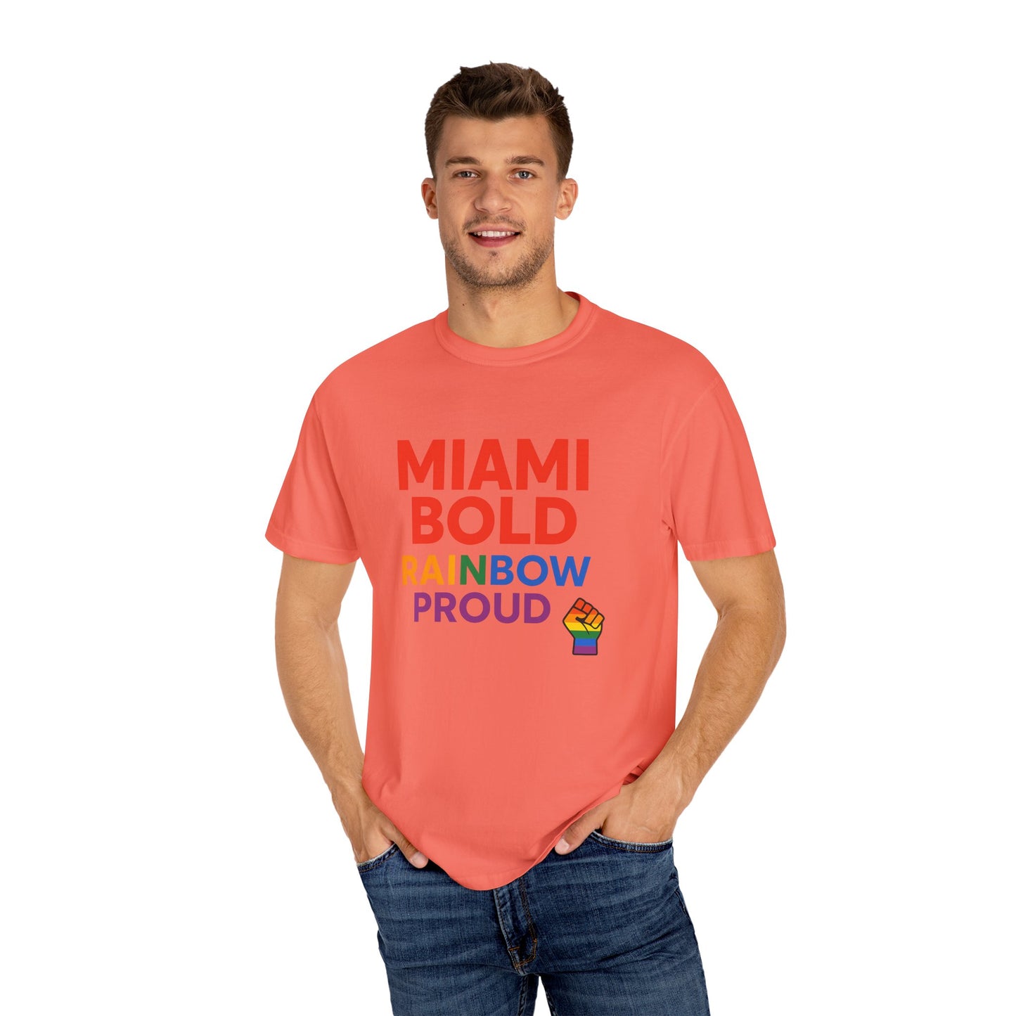 Proud LGBTQ+ Celebration T-Shirt, Miami Bold Rainbow Graphic Tee, Pride Gift, Equality Shirt, Unisex Casual Wear, Summer Apparel