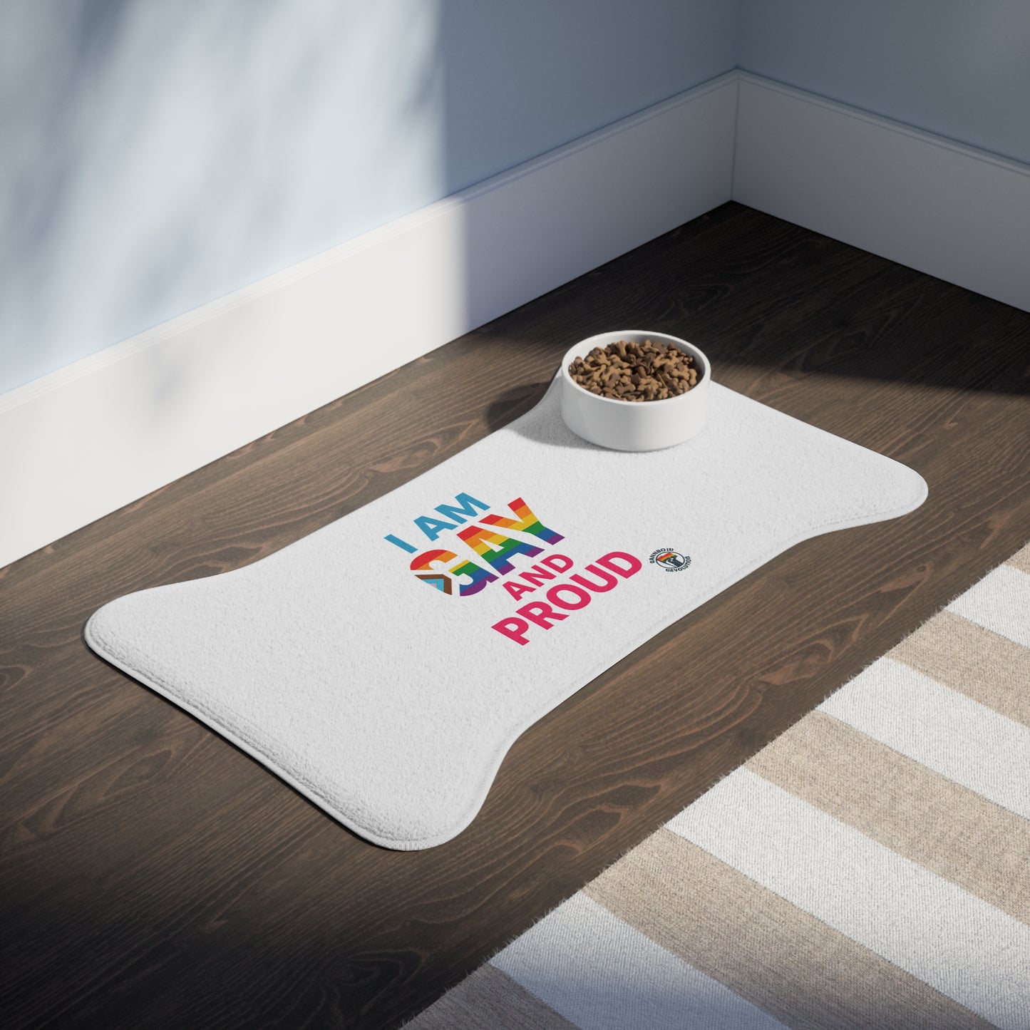 Pride Pet Feeding Mat - I Am Gay and Proud, Rainbow Design, Dog Bowl Mat, Pet Accessory, LGBTQ+ Dog Mat, Pride Month Gift