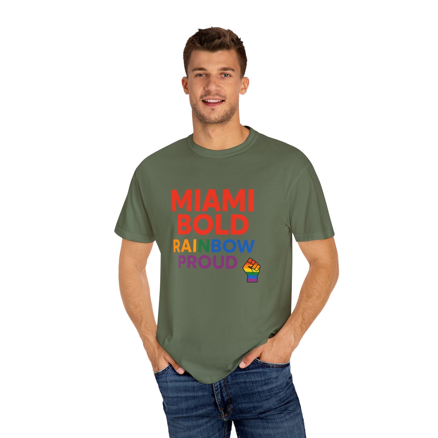 Proud LGBTQ+ Celebration T-Shirt, Miami Bold Rainbow Graphic Tee, Pride Gift, Equality Shirt, Unisex Casual Wear, Summer Apparel