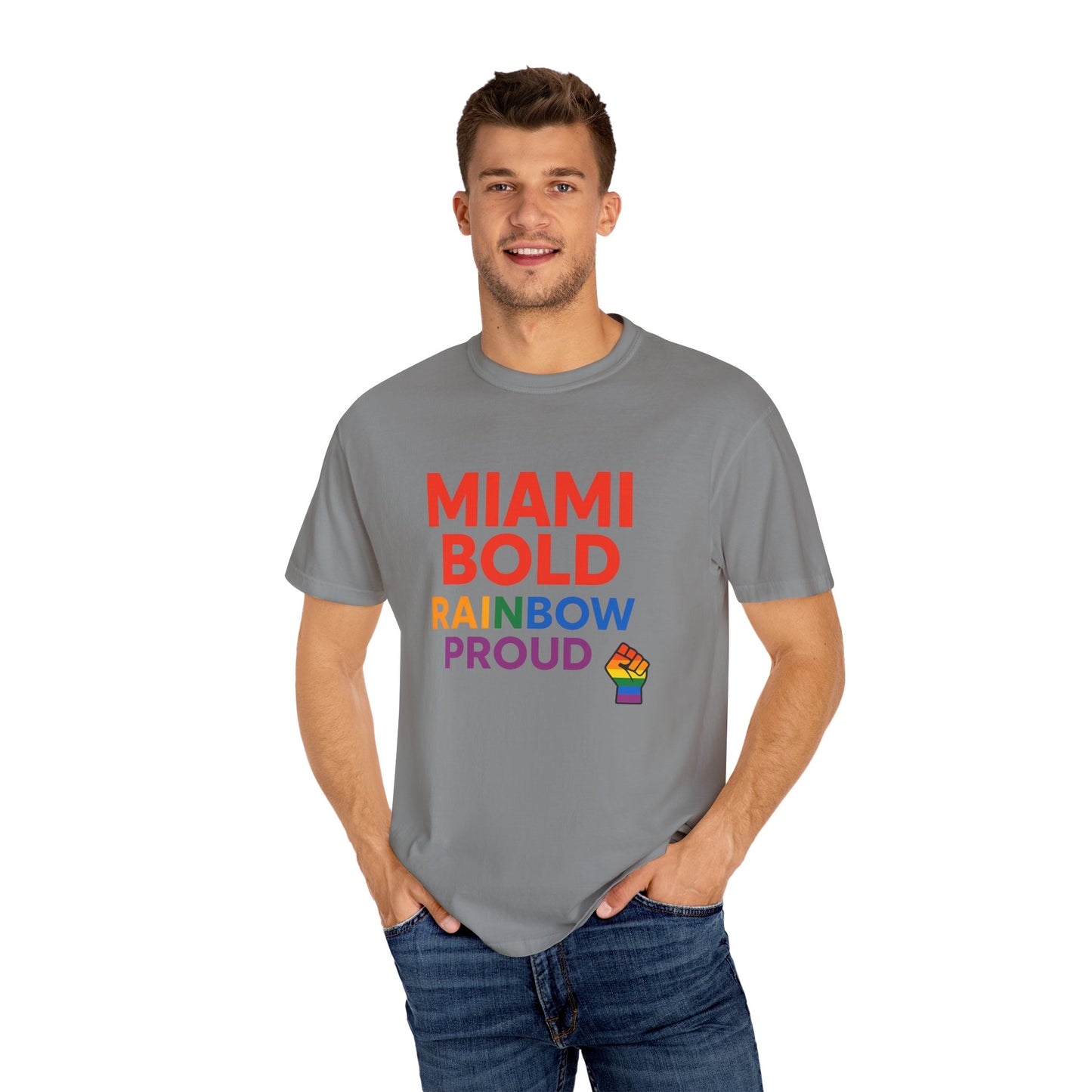 Proud LGBTQ+ Celebration T-Shirt, Miami Bold Rainbow Graphic Tee, Pride Gift, Equality Shirt, Unisex Casual Wear, Summer Apparel