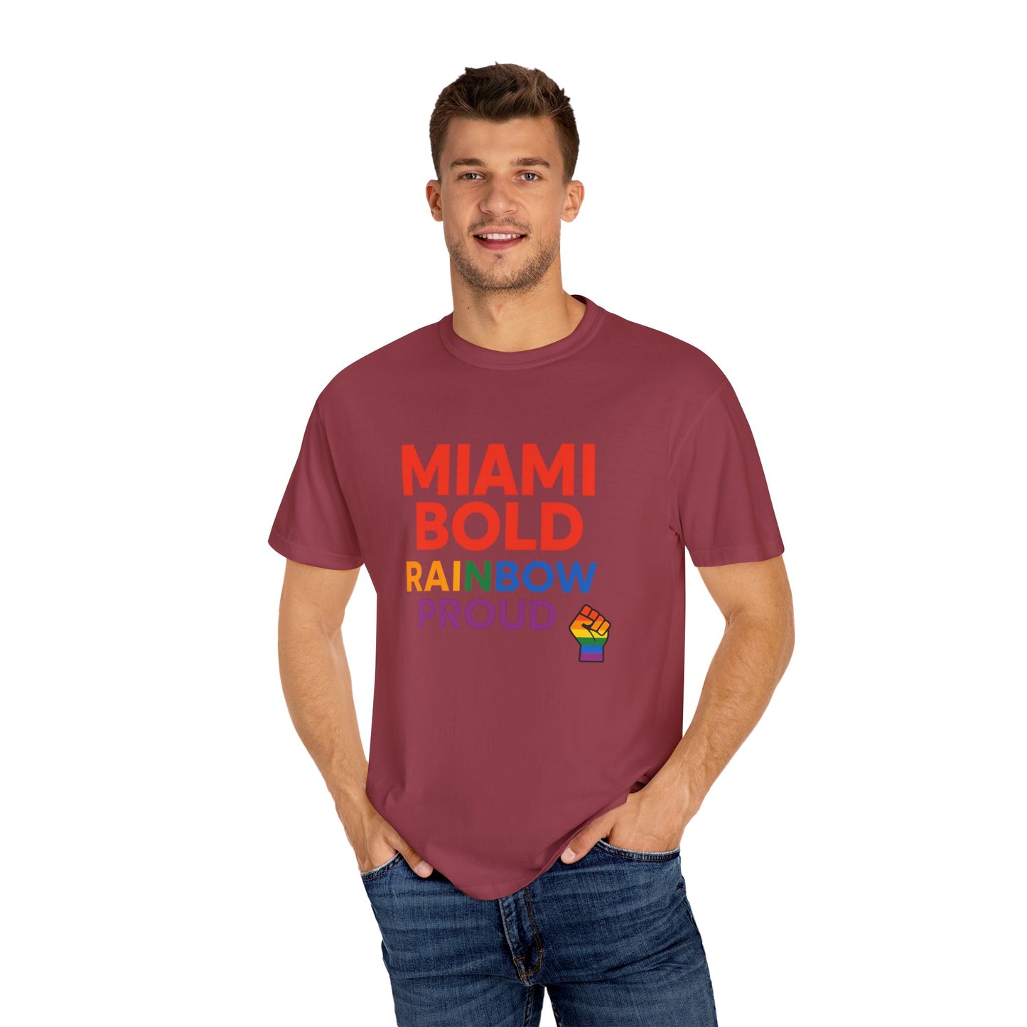 Proud LGBTQ+ Celebration T-Shirt, Miami Bold Rainbow Graphic Tee, Pride Gift, Equality Shirt, Unisex Casual Wear, Summer Apparel