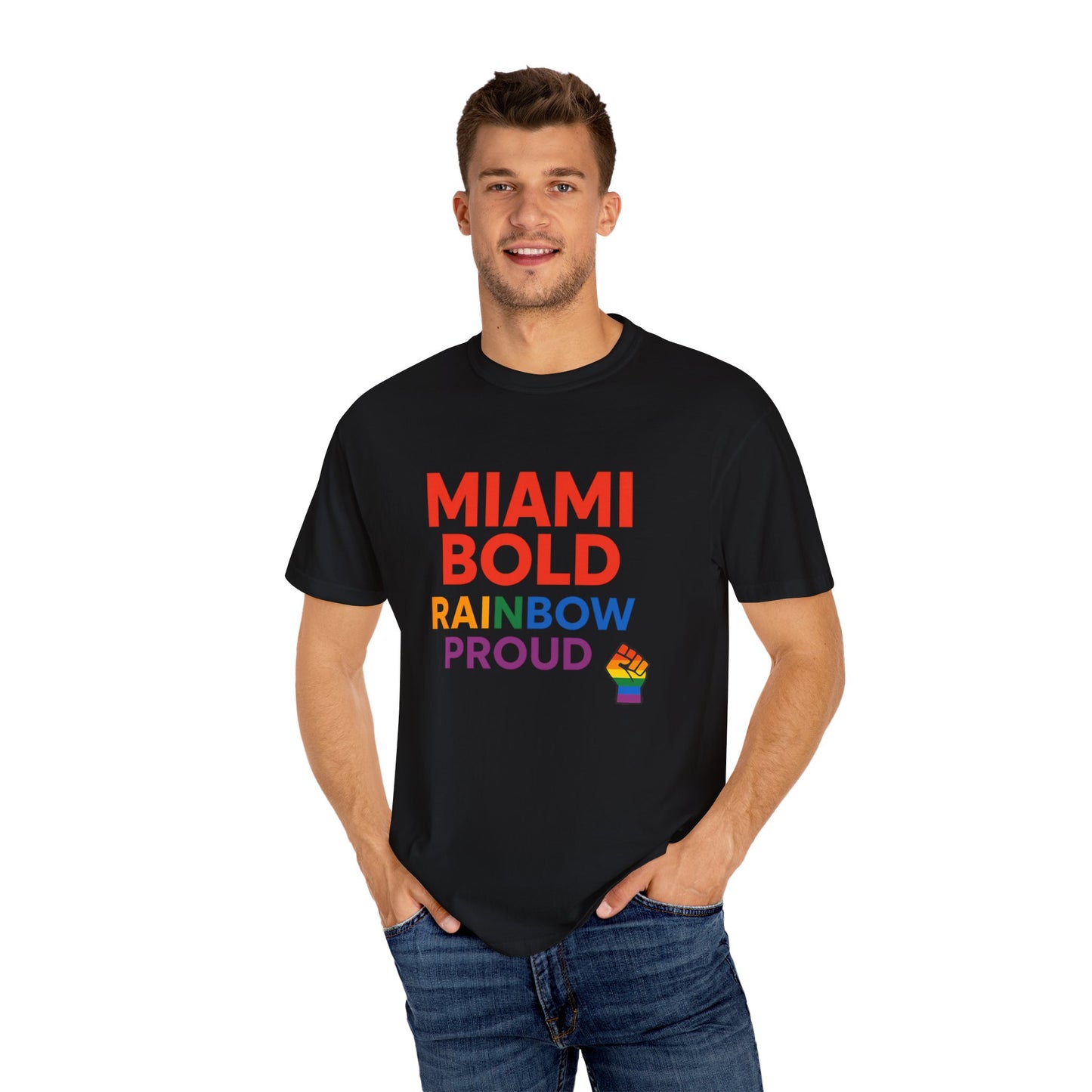 Proud LGBTQ+ Celebration T-Shirt, Miami Bold Rainbow Graphic Tee, Pride Gift, Equality Shirt, Unisex Casual Wear, Summer Apparel
