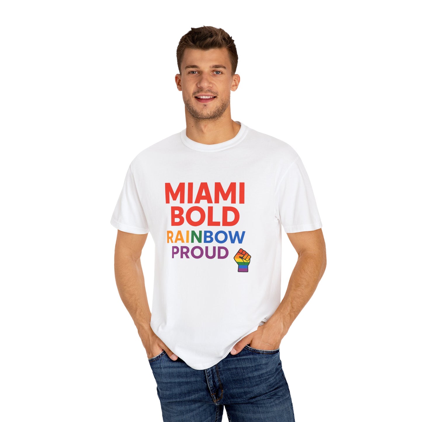 Proud LGBTQ+ Celebration T-Shirt, Miami Bold Rainbow Graphic Tee, Pride Gift, Equality Shirt, Unisex Casual Wear, Summer Apparel