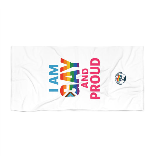 Pride Beach Towel - I Am Gay and Proud - LGBTQ+ Towel for Summer Fun, Pool Party, Beach Day, Pride Events, Gift for Allies
