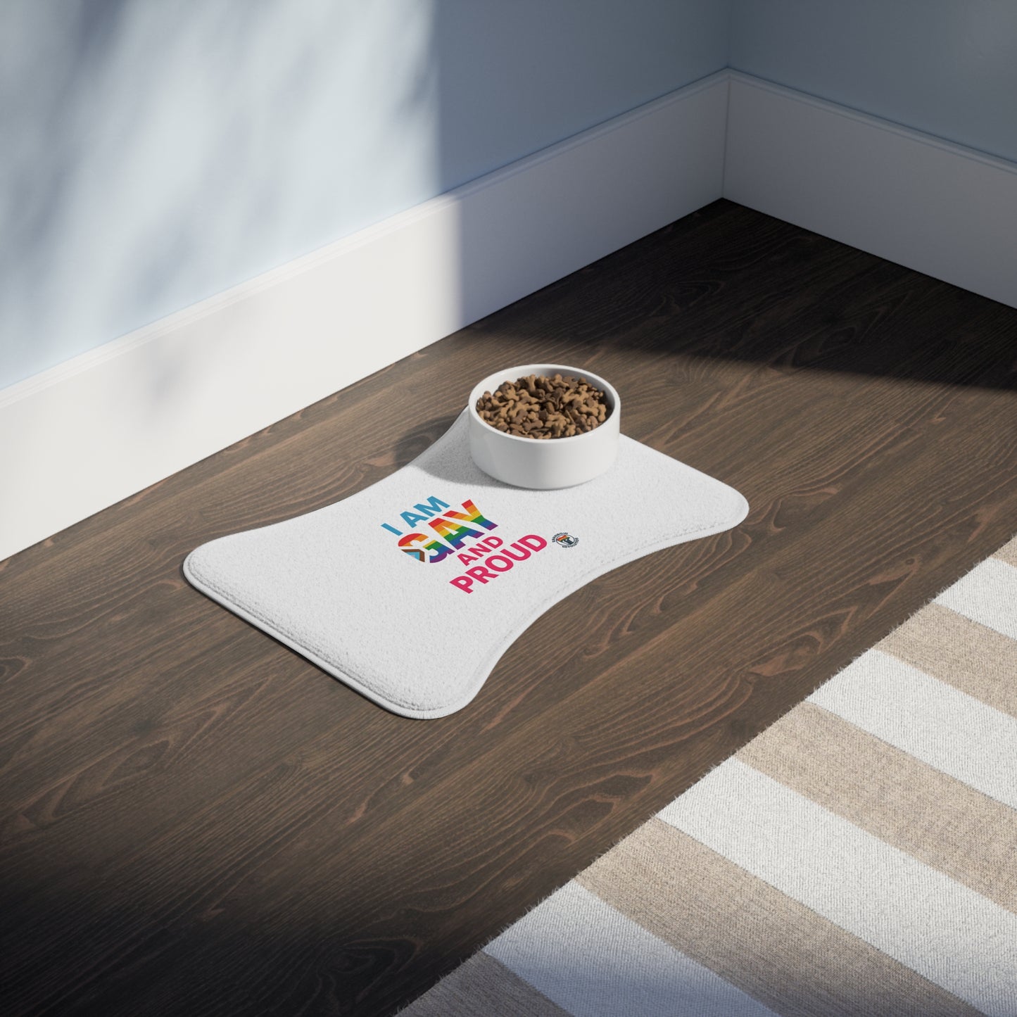 Pride Pet Feeding Mat - I Am Gay and Proud, Rainbow Design, Dog Bowl Mat, Pet Accessory, LGBTQ+ Dog Mat, Pride Month Gift