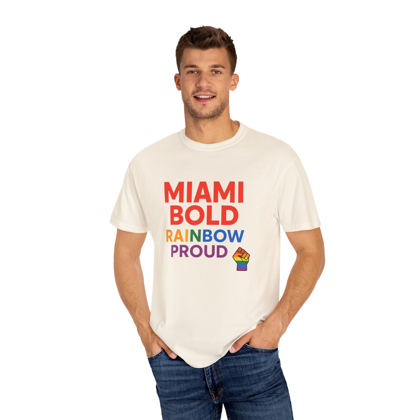 Proud LGBTQ+ Celebration T-Shirt, Miami Bold Rainbow Graphic Tee, Pride Gift, Equality Shirt, Unisex Casual Wear, Summer Apparel