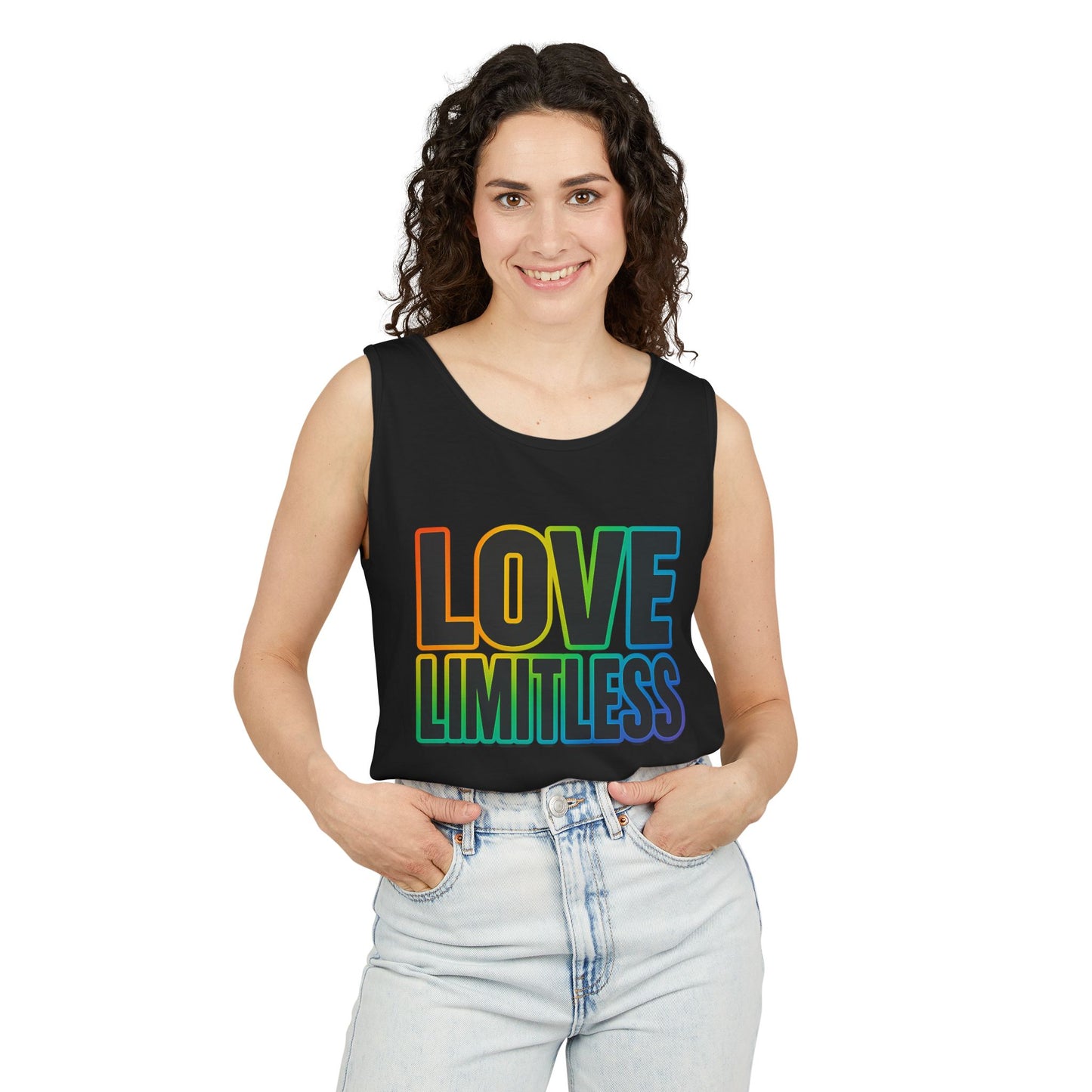 Unisex Inspirational Tank Top, Love Limitless Sleeveless Shirt, Perfect for Summer, Pride Events, Relaxed Fit Gym Wear, Gift for Friends