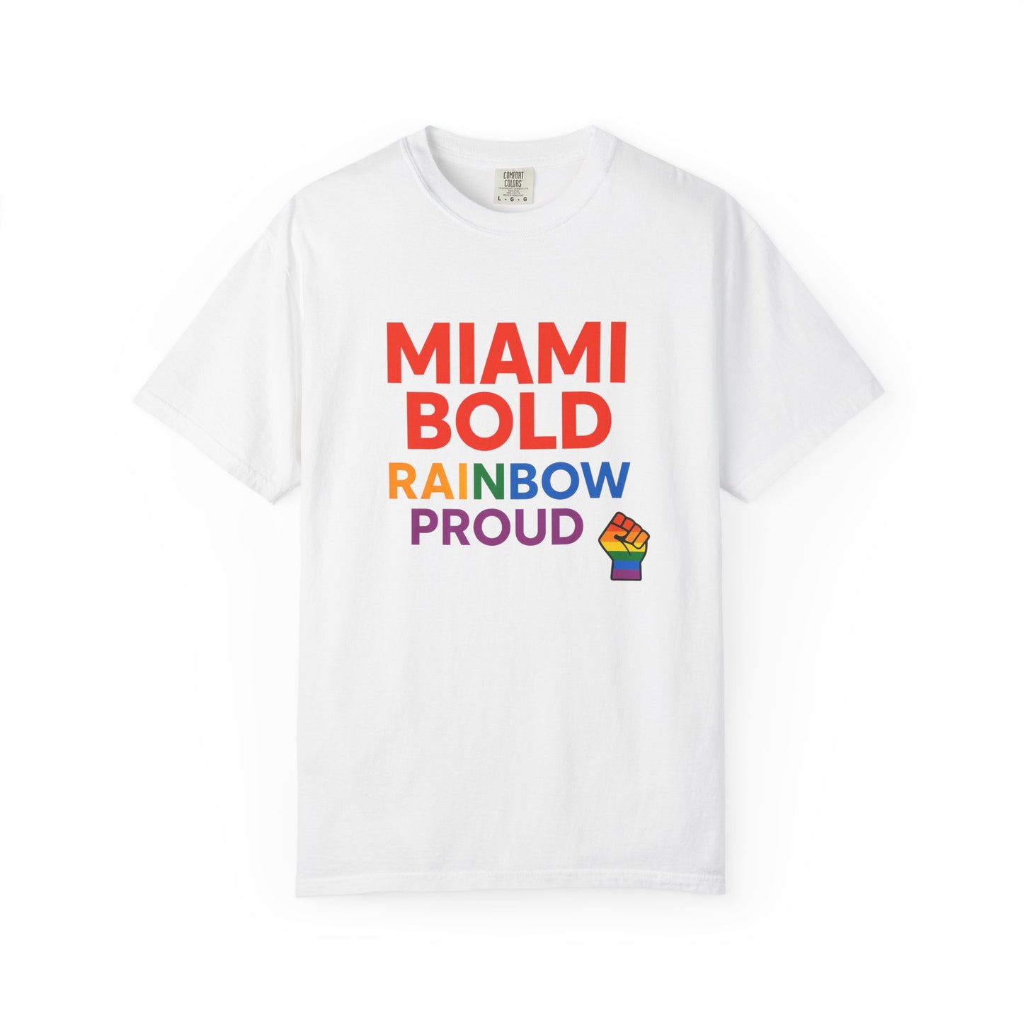 Proud LGBTQ+ Celebration T-Shirt, Miami Bold Rainbow Graphic Tee, Pride Gift, Equality Shirt, Unisex Casual Wear, Summer Apparel