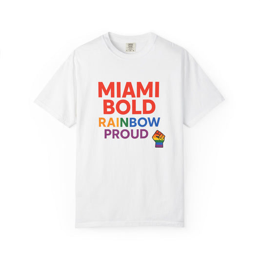 Proud LGBTQ+ Celebration T-Shirt, Miami Bold Rainbow Graphic Tee, Pride Gift, Equality Shirt, Unisex Casual Wear, Summer Apparel