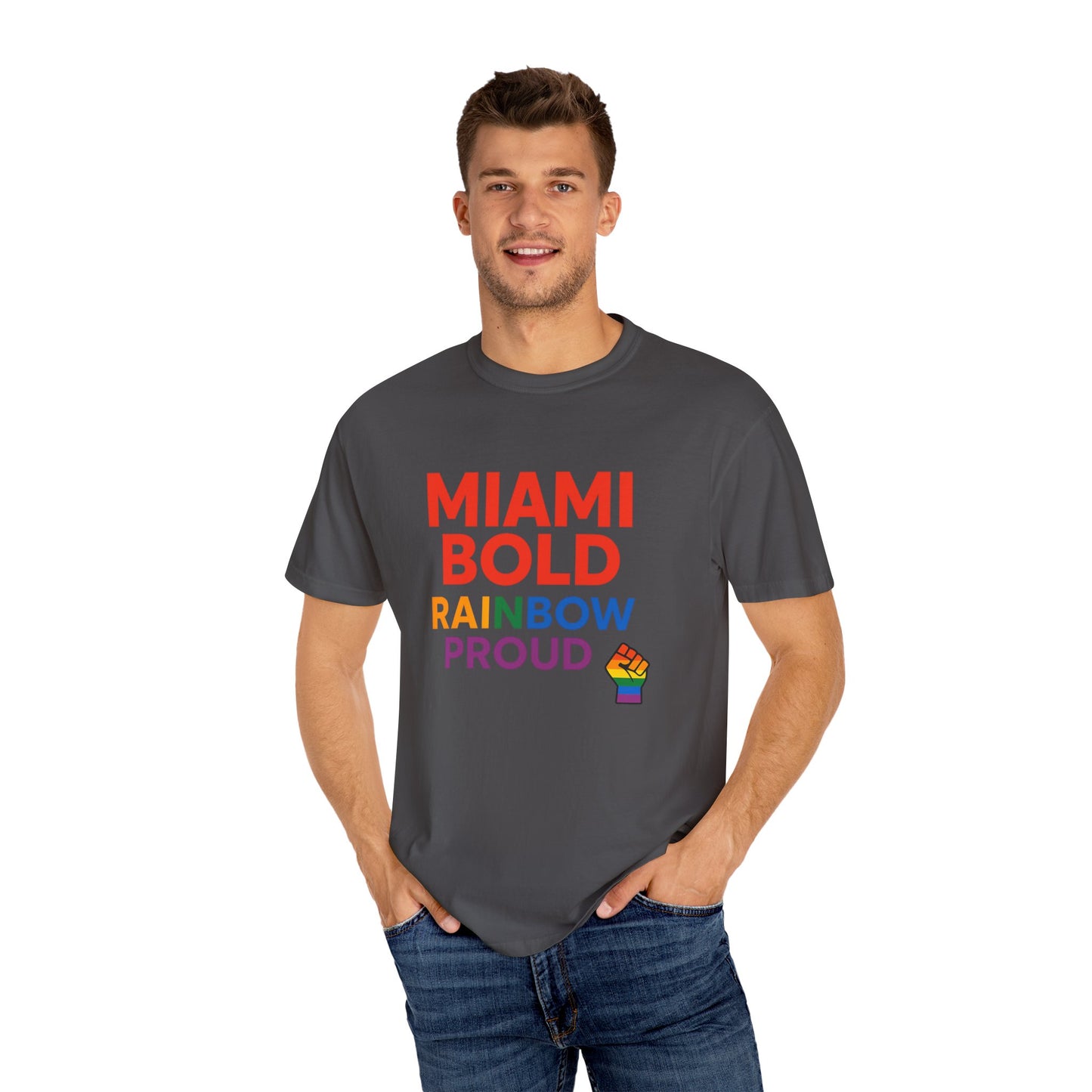 Proud LGBTQ+ Celebration T-Shirt, Miami Bold Rainbow Graphic Tee, Pride Gift, Equality Shirt, Unisex Casual Wear, Summer Apparel