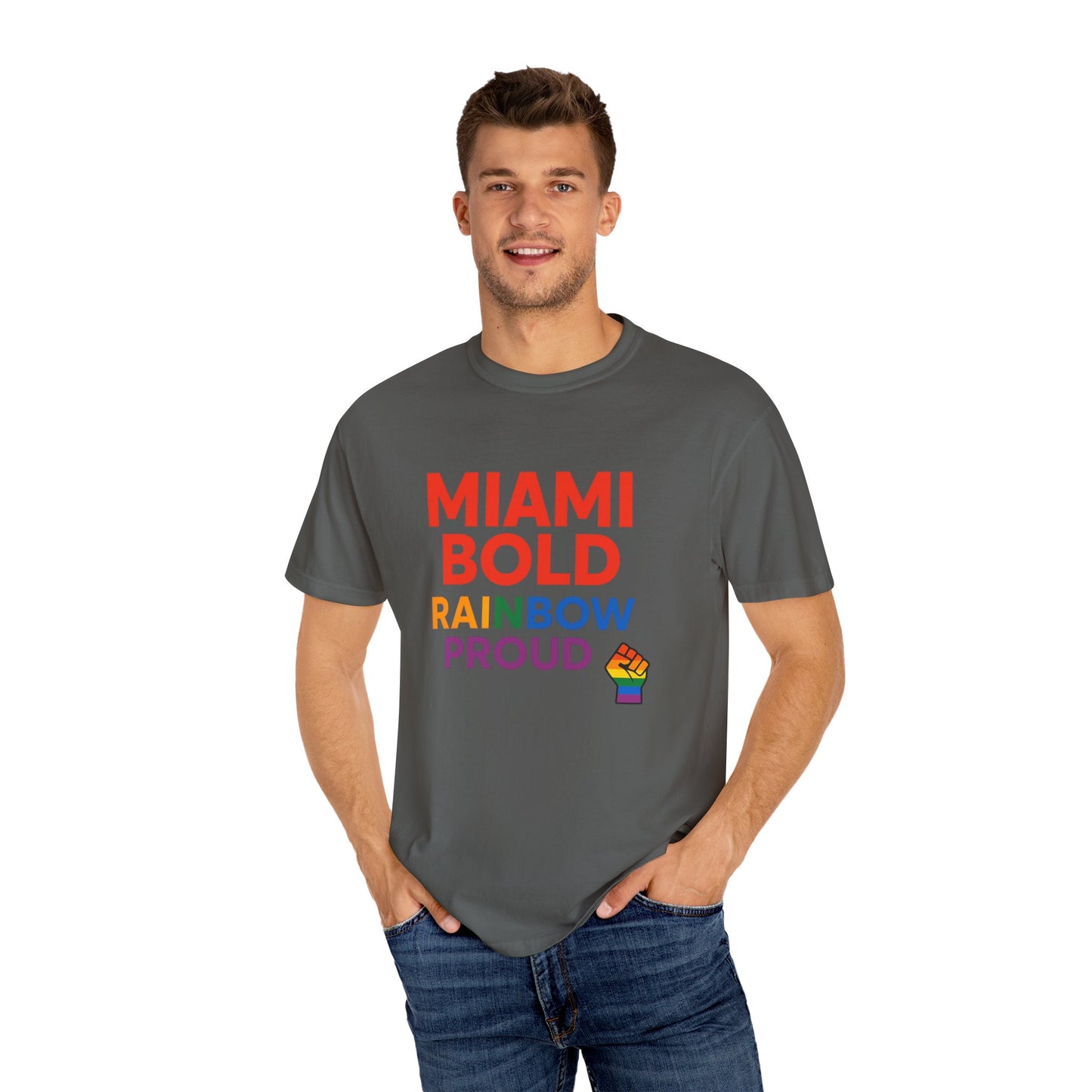 Proud LGBTQ+ Celebration T-Shirt, Miami Bold Rainbow Graphic Tee, Pride Gift, Equality Shirt, Unisex Casual Wear, Summer Apparel